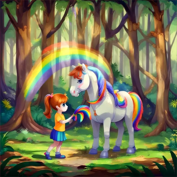 a little girl standing next to a rainbow pony