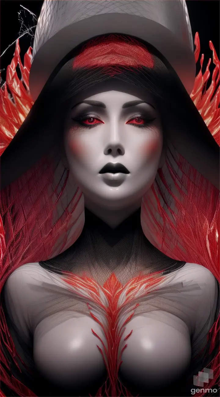 shiny white ceramic sculpture of woman weeps red tears, cracks spread across her form, glowing lava leaks from within, in black hat with large brim, dressed in red-black net dress. High detail, 4K.