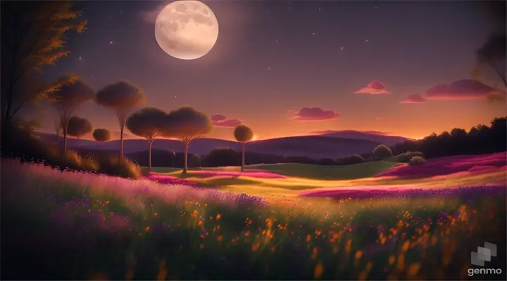 Moonlit meadow with tall grass and colorful flowers, glowing with comforting light for a resting child style pixar 3d