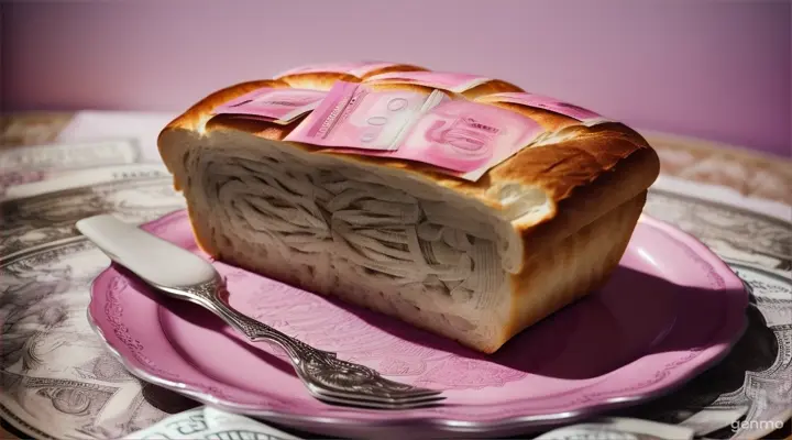 a loaf of bread that is completely made of pink 100 dollar bills, served on a platter. make sure the crust of the money bread is pink 100 dollar bills. make the outer edges of the money bread pink 100 dollar bills. make sure the center of the pink money bread are pink 100 dollar bills as well.