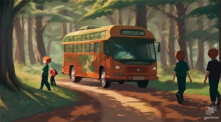 Three boys are walking in the forest, their bus is barely visible while walking anime 