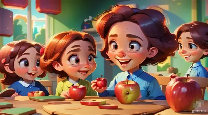 a couple of kids sitting at a table with apples