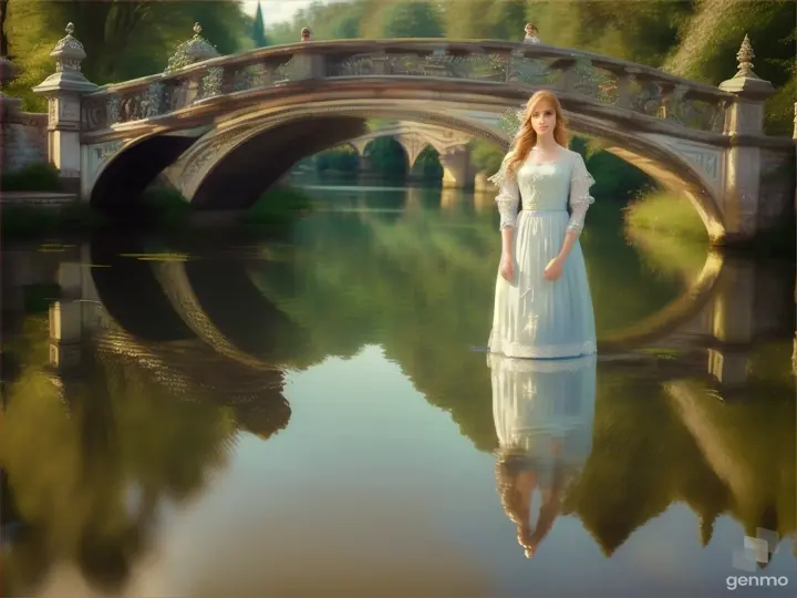 Woman standing on a bridge over a river, with her reflection visible in the water