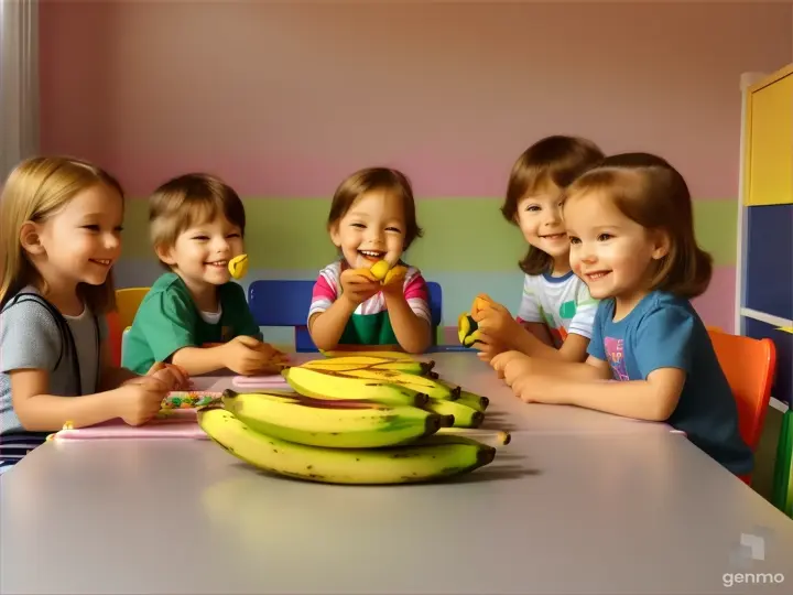 a group of children sitting at a table eating bananas