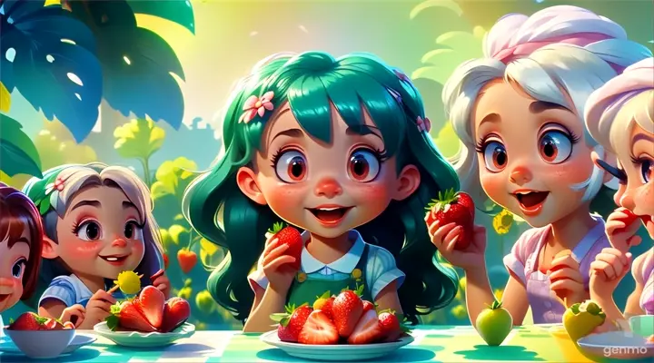 a group of children sitting at a table eating strawberries