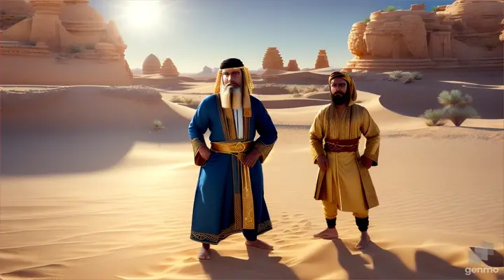 create two characters both mans, one with beard and other without beard wearing ancient arab like dresses