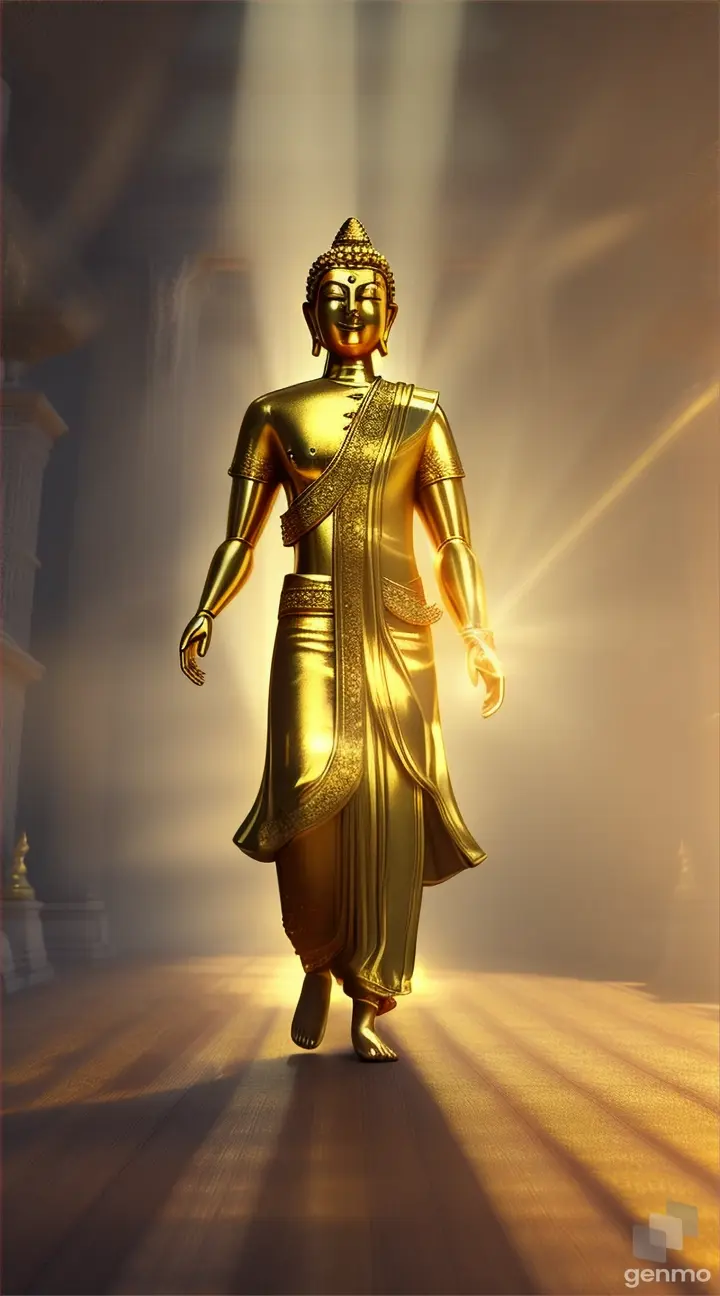 The Buddha is dressed in golden light and walks gracefully, emitting dazzling light.

3d style animation 9:17