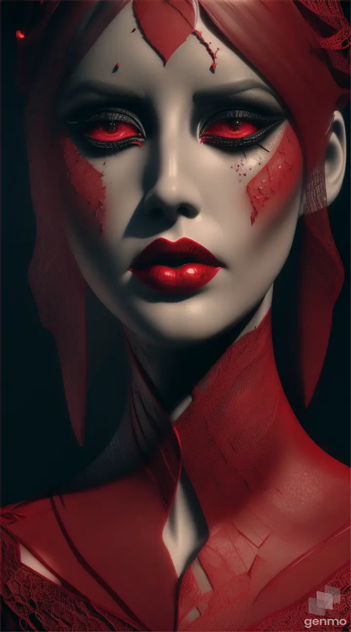 Creating a realistic image of a walking shiny white ceramic woman in a red-black stylish lace , weeping red tears, with cracks spreading across her body and glowing lava leaking from within, in high detail and 4K resolution using a wide-angle lens, would involve a combination of photography, digital art, and possibly 3D modeling techniques.