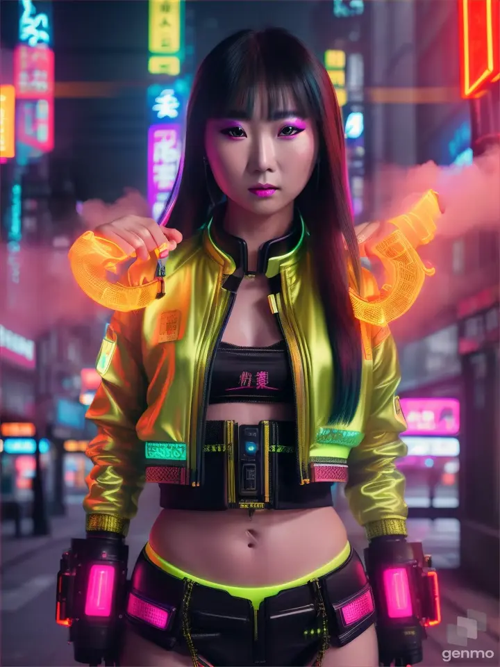 A gritty urban setting with a figure of a Han dynasty woman dressed in modern neon clothes, with digital smoke