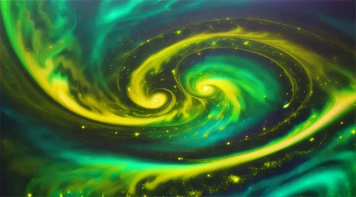 green and yellow ink swirled into a cosmic, galaxy-like pattern