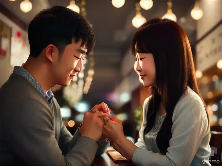 Korean boy and girl are in a restaurant Boy is putting a love ring on girl finger