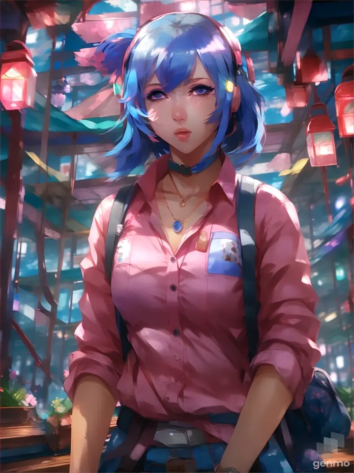 A woman with cobalt hair exploring a vibrant, neon-lit bazaar, futuristic cityscape in the background, wearing a colorful backpack