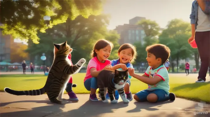 group of kids playing with a cat in 16:9 ratio