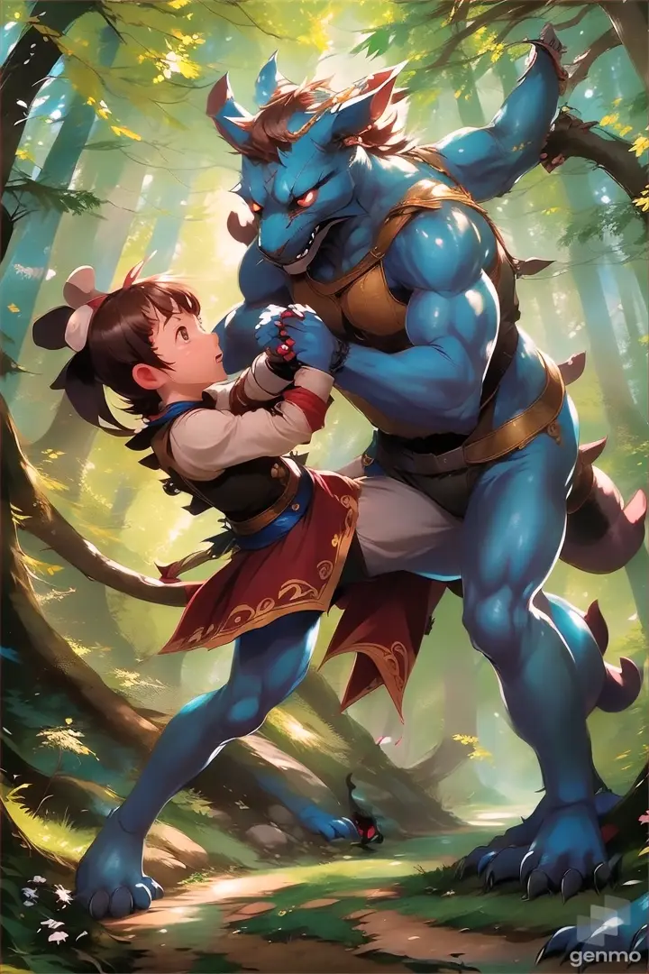 a cartoon character fighting with a demon in a forest