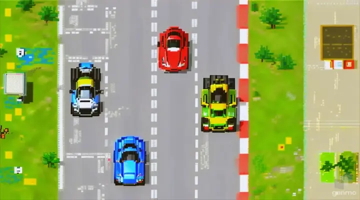 overhead view of Nintendo-style 8-bit pixelated race car driving