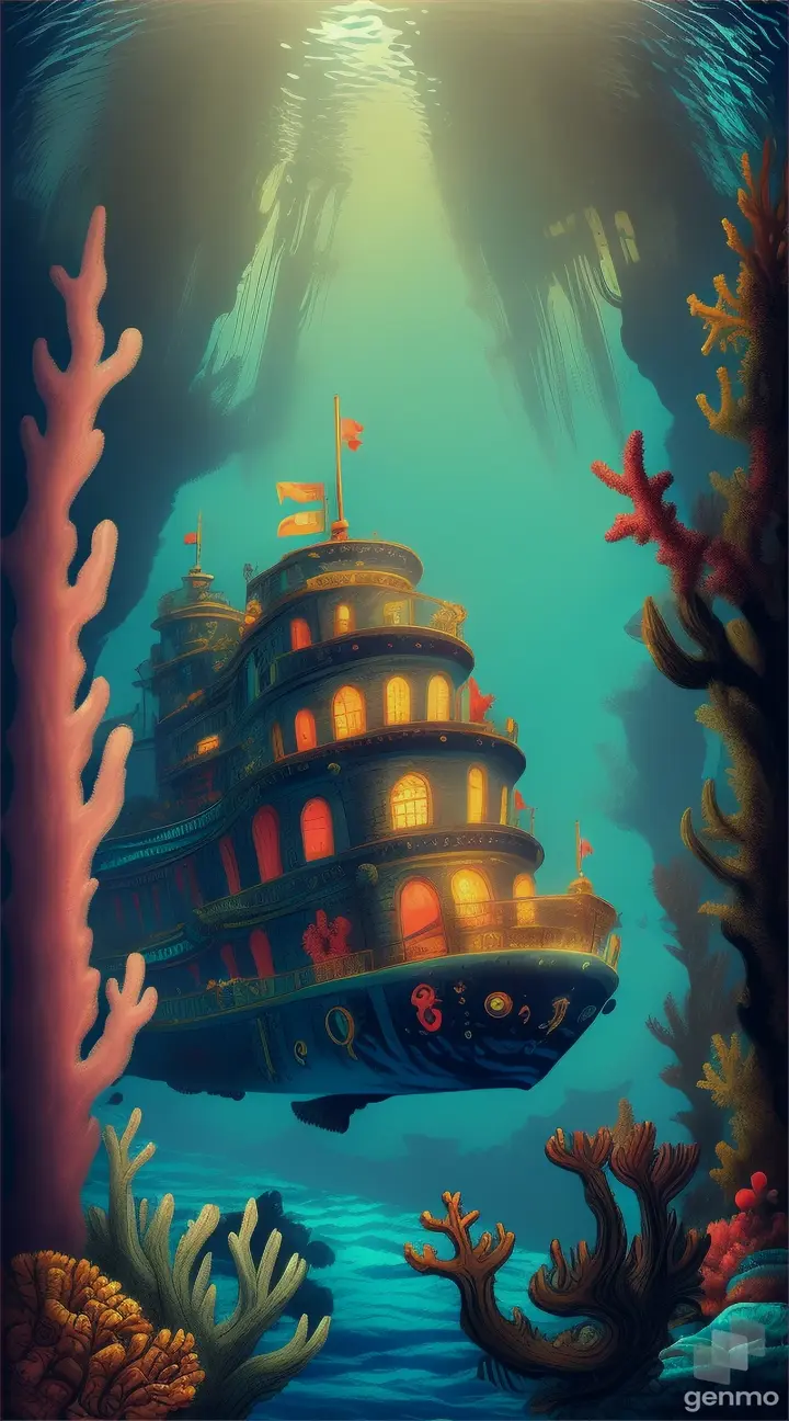 Undersea adventure with a pirate shipwreck, colorful coral and marine life, illustration