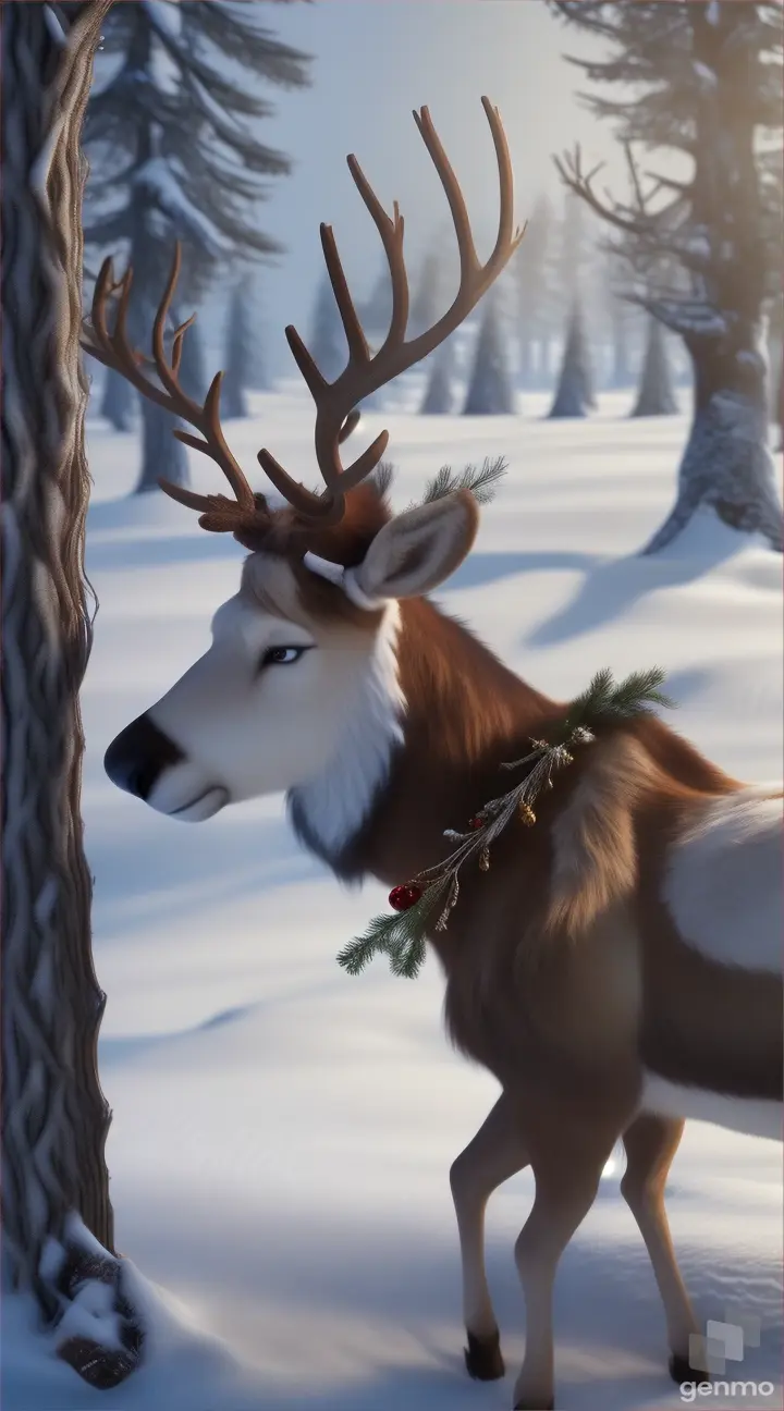 an animated reindeer's horns got caught between the twigs.