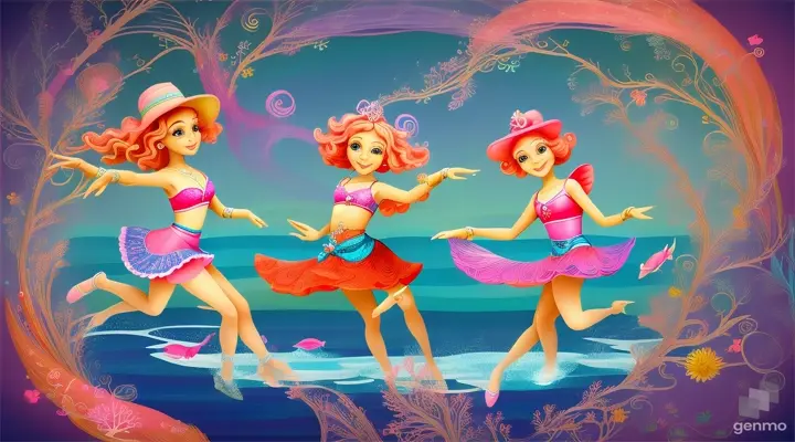 With Coral's artistic and Pinky and Blu's boundless energy, the pod transformed Coral Haven into a vibrant spectacle of hues and melodies. Together, they danced and played, weaving intricate patterns in the water and spreading joy to all who beheld their spectacle. Through their shared creativity and camaraderie, they forged deeper bonds of friendship and unity. cartoon illustration