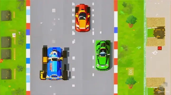 overhead view of Nintendo-style 8-bit pixelated race car driving