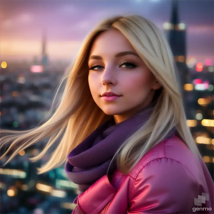 lively natural European girl opens/closes her eyes, her blonde hair fluttering in the wind and a silky scarf, a high-tech cityscape with skyscrapers is visible on the horizon