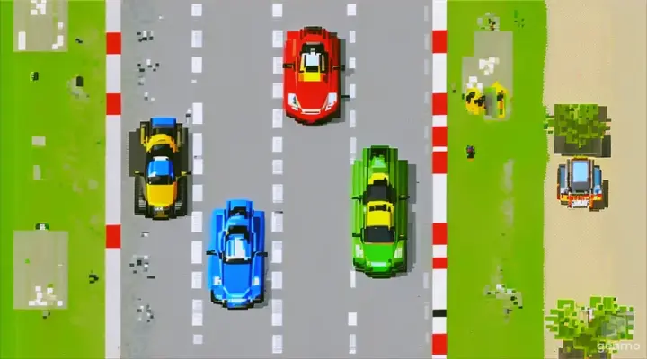 overhead view of Nintendo-style 8-bit pixelated race car driving