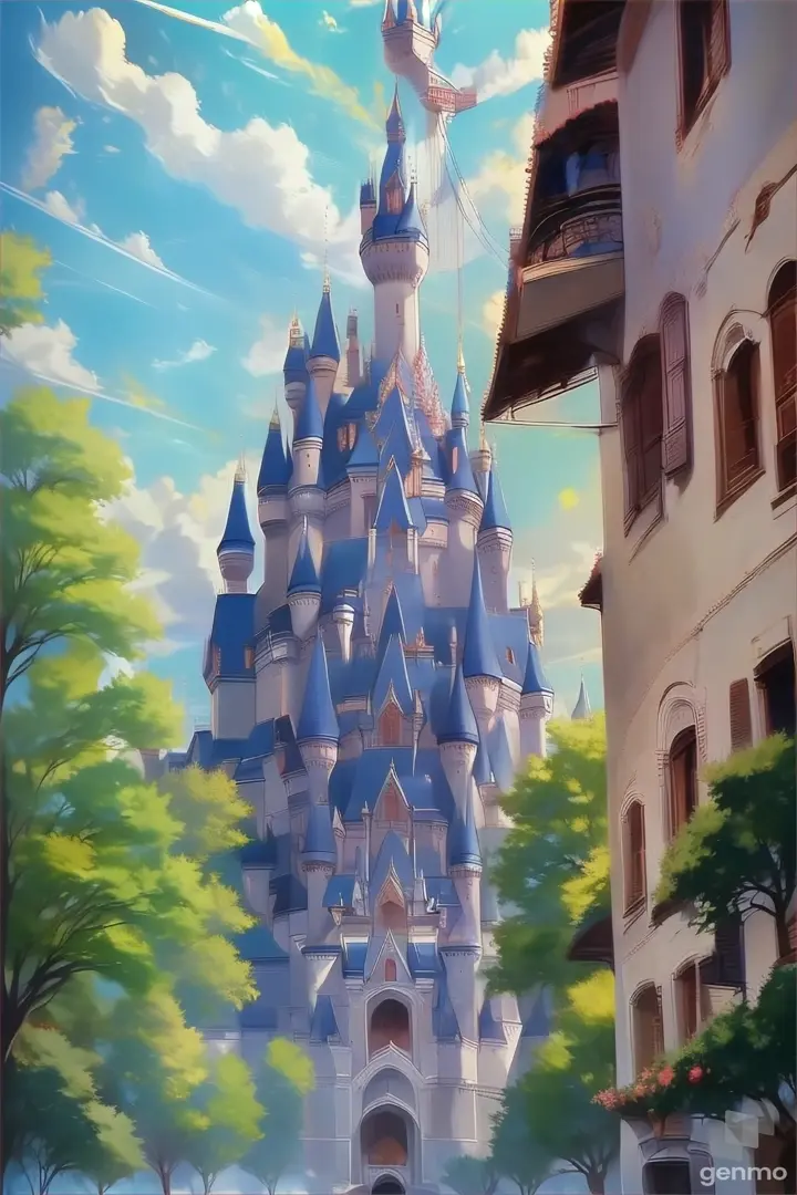 a painting of a castle in the middle of a park