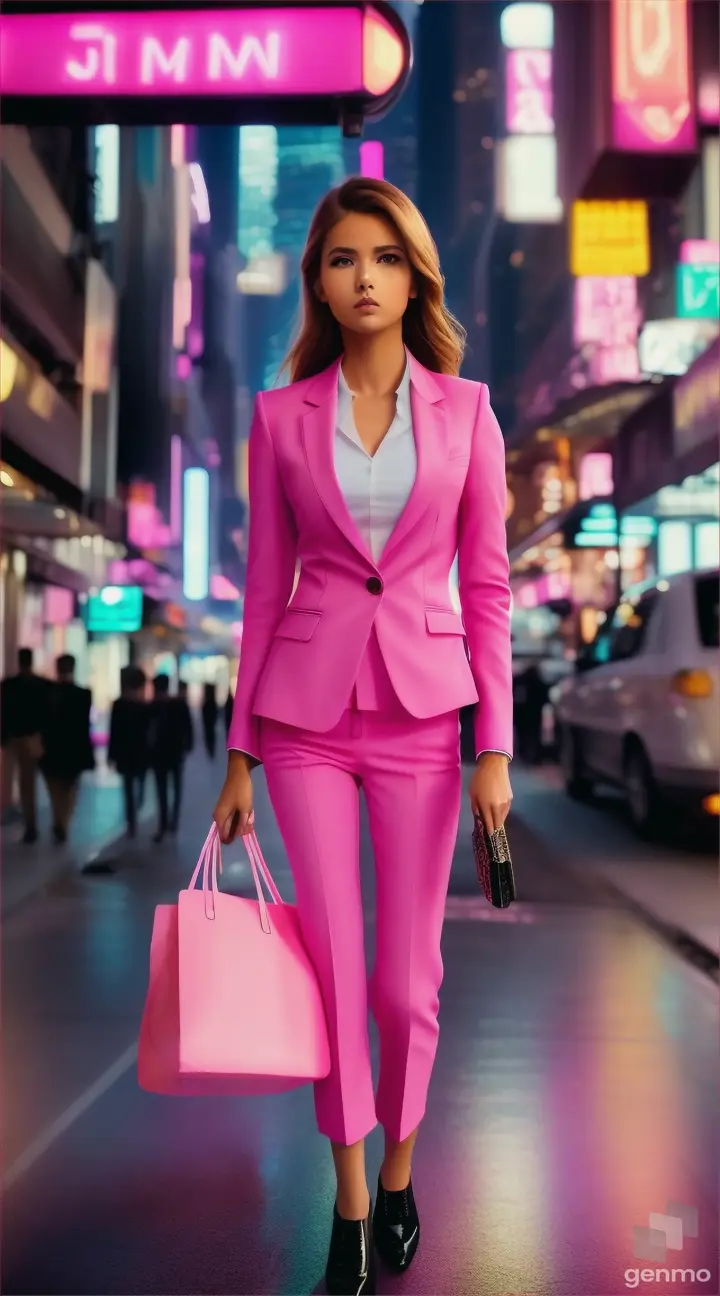  A model girl weared pink suit and walk in street city view video size 9.16 