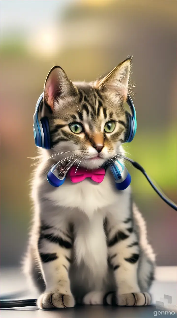 cute kitten with headphones listening to music