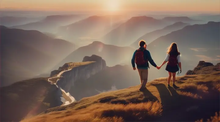 “love music:Hiking to the top of a mountain, marveling at the vastness of the world below as they hold hands.