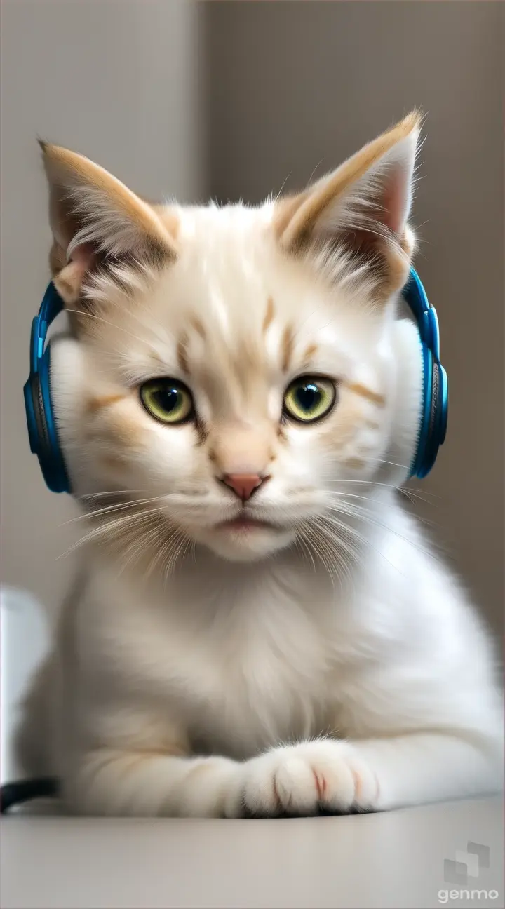 cute kitten relaxing with headphones listening to music