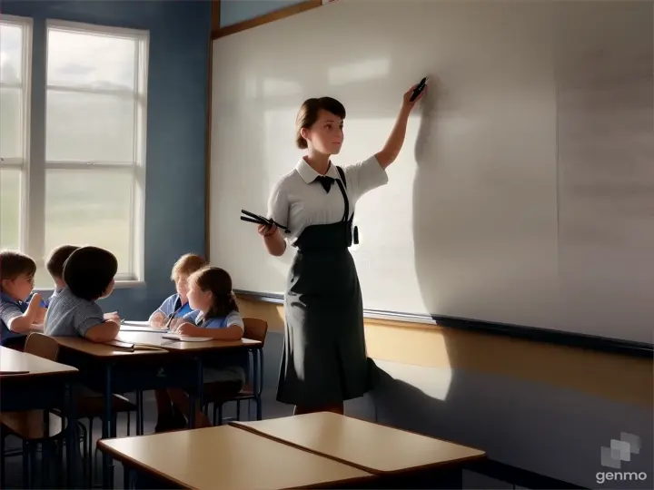 In a class room, a female teacher is teaching children with a black marker, in front of a white board.