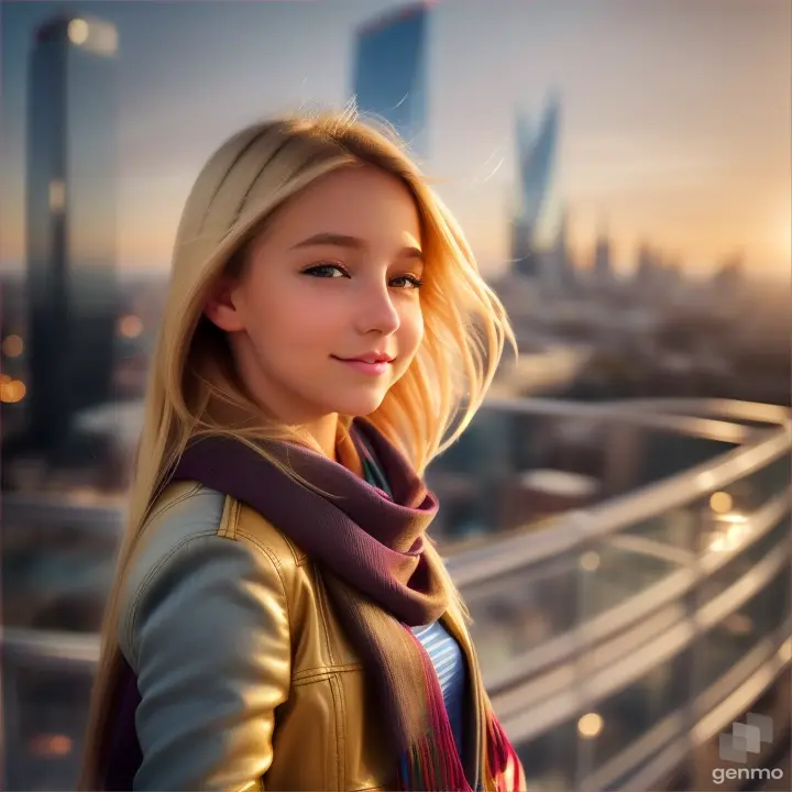 lively natural European girl opens/closes her eyes, her blonde hair fluttering in the wind and a silky scarf, a high-tech cityscape with skyscrapers is visible on the horizon