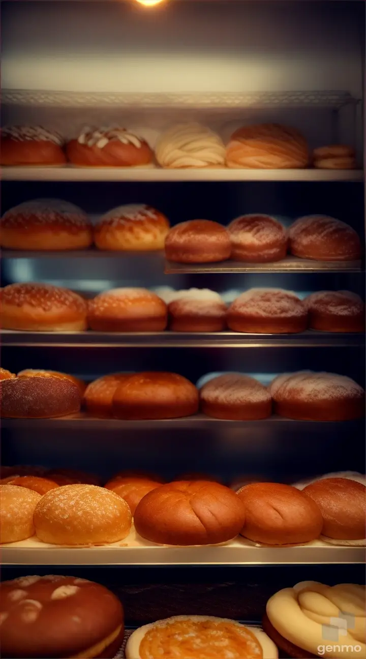 Bakery products in a bakery, appetizing, cinematic