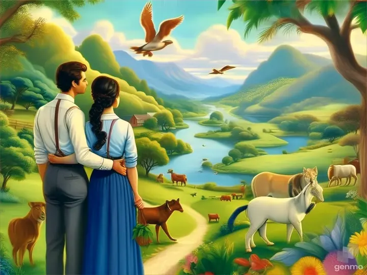 a painting of a man and woman looking at animals