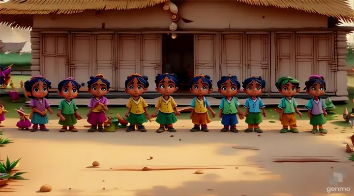 a group of cartoon characters standing in front of a hut