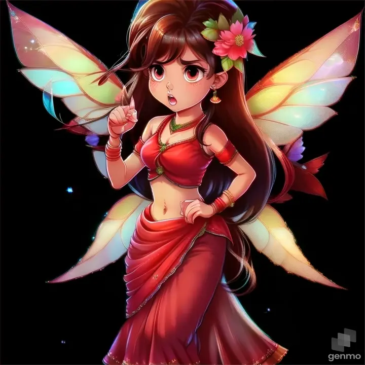 a fairy with a flower in her hair a beautiful fairy with wing wearing red saree   and red  smalll blouse blouse long hair angry  standing under tree  talking  showing her finger   cartoon  