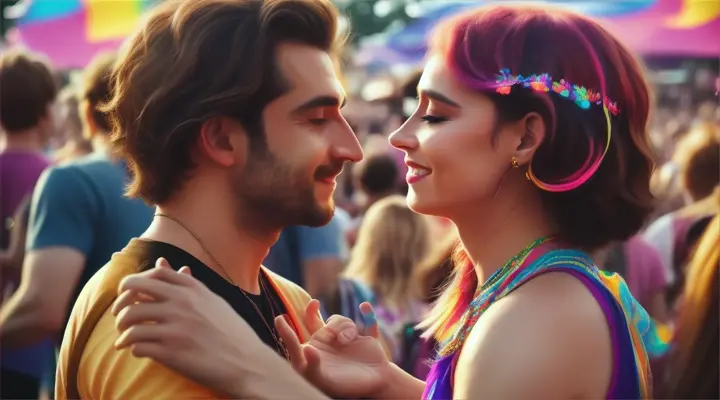 love music:man and women Attending a music festival, dancing together in the crowd to their favorite bands.
