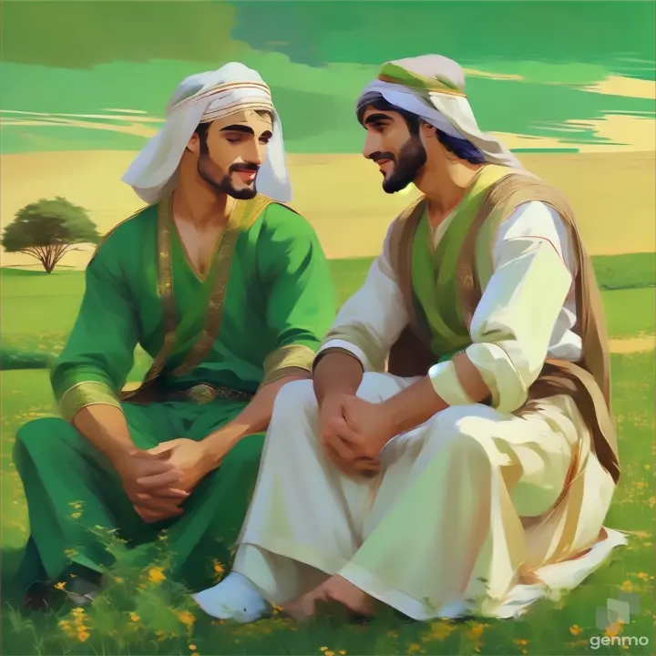 a painting of two men sitting in a field