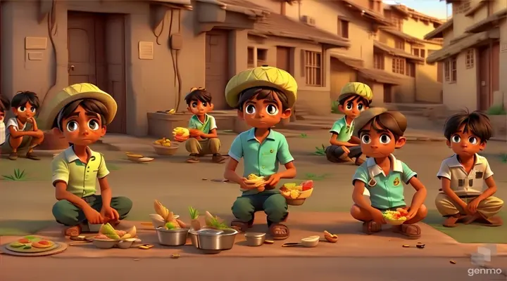 a group of children sitting on the ground eating food