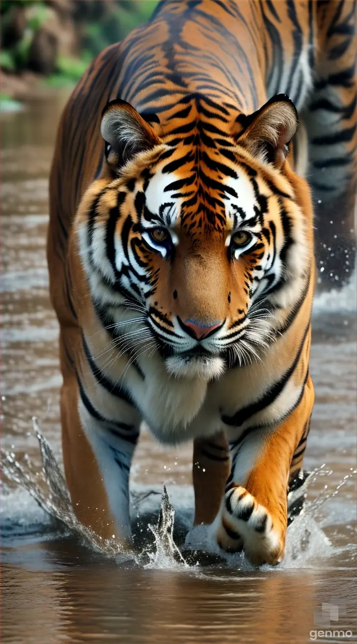 a tiger is swimming, crossing a river in the forest