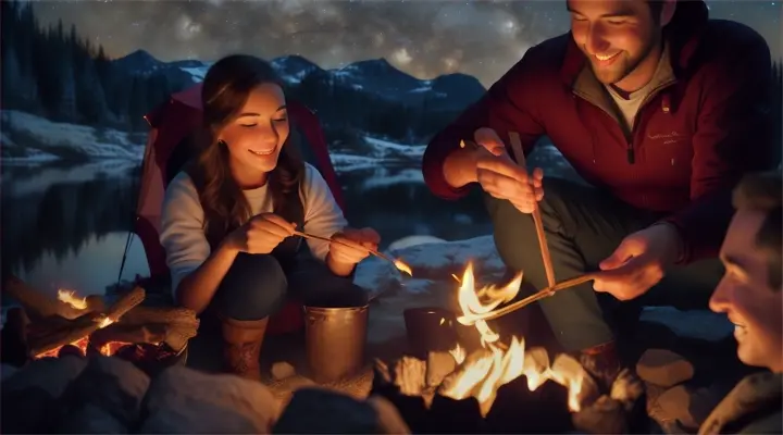 love music: only  one couple  Going on a camping trip in the wilderness, roasting marshmallows over a crackling fire and sleeping under the stars.