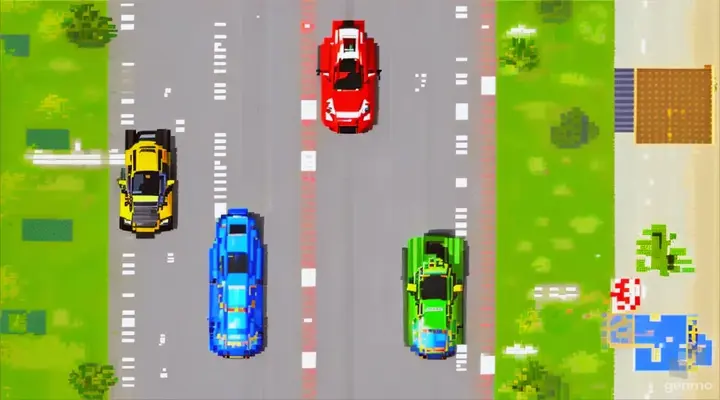 overhead view of Nintendo-style 8-bit pixelated race car driving