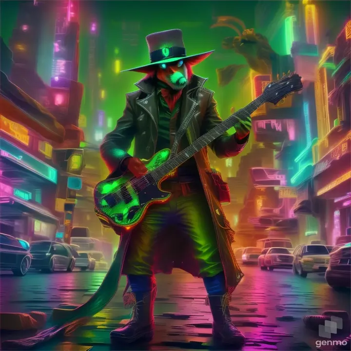 a man with a guitar in a neon city