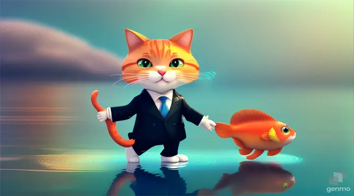 3d cartoon baby boss cat , fish  in water river and walk 