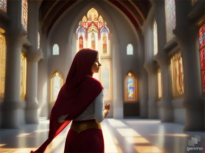 woman in red hijab running inside a temple