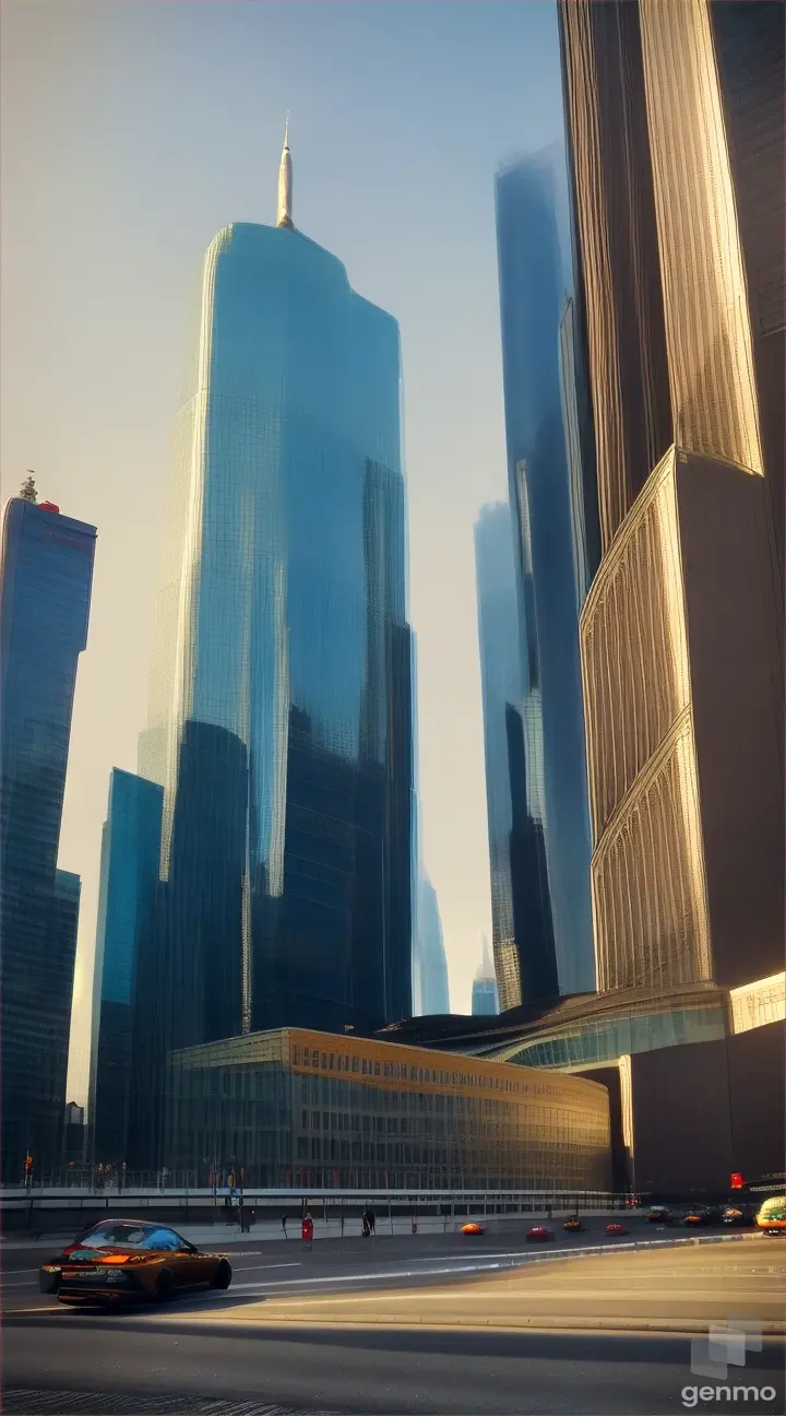 City of the future on a sunny day in Russia, low angle view, passers-by, movement, cinematic