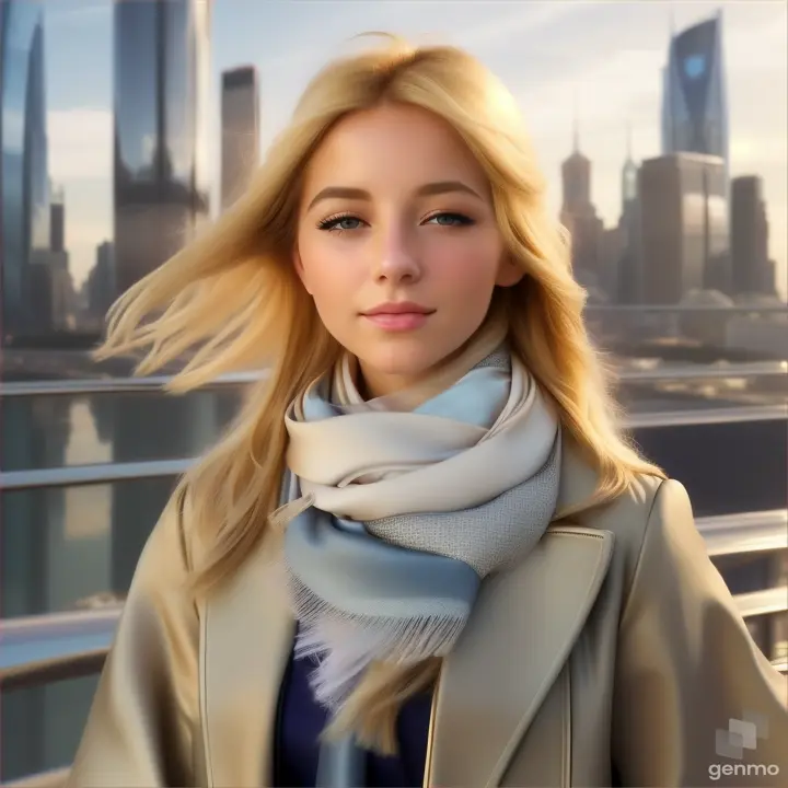 lively natural European girl opens/closes her eyes, her blonde hair fluttering in the wind and a silky scarf, a high-tech cityscape with skyscrapers is visible on the horizon