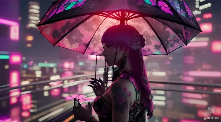 A sinisterly beautiful cyberpunk femme fatale from behind, her translucent floral dress hovering above a neon-lit cityscape, holding a blooming umbrella with intricately designed petals.