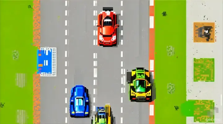 overhead view of Nintendo-style 8-bit pixelated race car driving