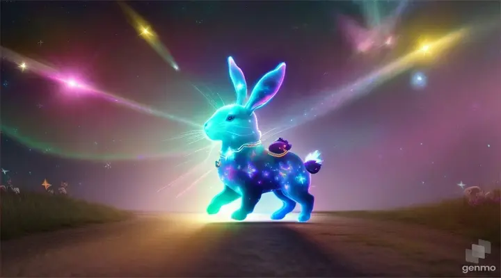 A glowing bunny leading a trail through an ethereal, star-filled galaxy, flanked by friendly animal companions